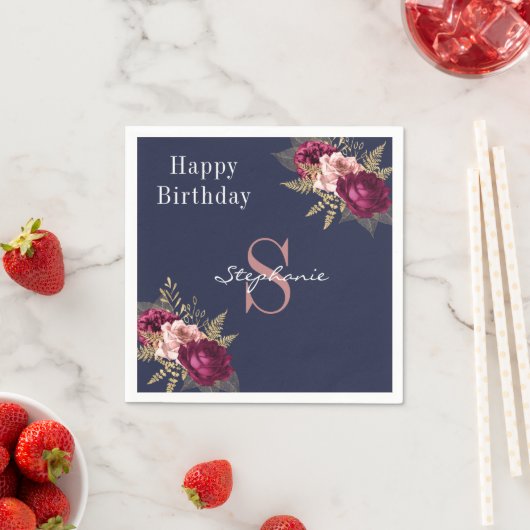 Monogram Individuelle Name Burgundy Pink Gold Flor Serviette (Beispiel)