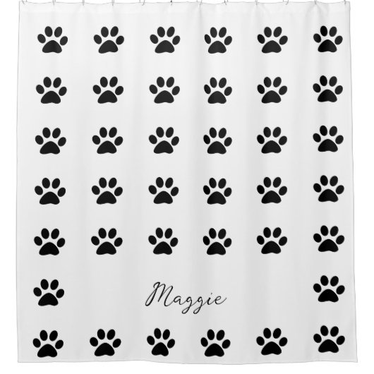Monogram Individuelle Name Schwarz-weiß Paw Print Duschvorhang (Vorderseite)