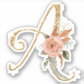 Monogram Initial A Gold Glitzer Peony Rose Floral Aufkleber (Vorderseite)