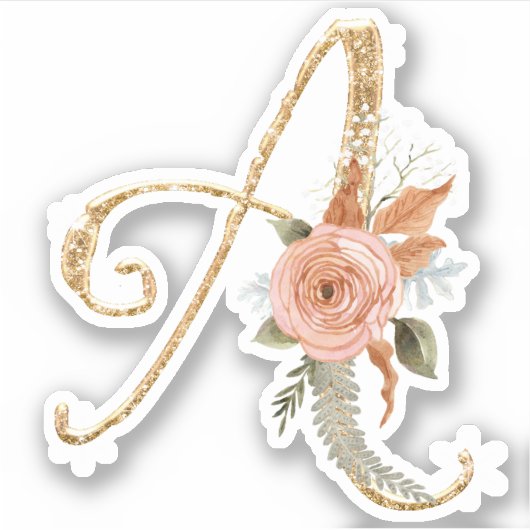Monogram Initial A Gold Glitzer Peony Rose Floral Aufkleber (Vorderseite)