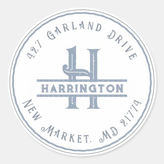 Monogram Initial Address Personalisiert Grunge Blu Runder Aufkleber (Vorderseite)