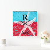 Monogram Initial Aquamarin Red Funkelnd Pastel Sta Quadratische Wanduhr (Zuhause)
