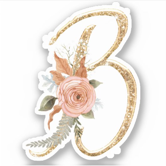 Monogram, Initial B Gold Glitzer Peony Rose Floral Aufkleber (Vorderseite)