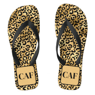 Monogram Initial Black Gold Leopard Cheetah Print Badesandalen