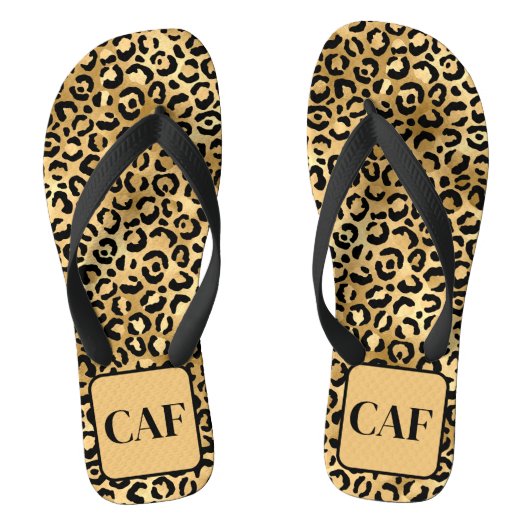 Monogram Initial Black Gold Leopard Cheetah Print Badesandalen (Fußbett)