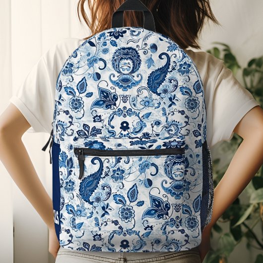 Monogram Initial Blue und White Paisley Bedruckter Rucksack