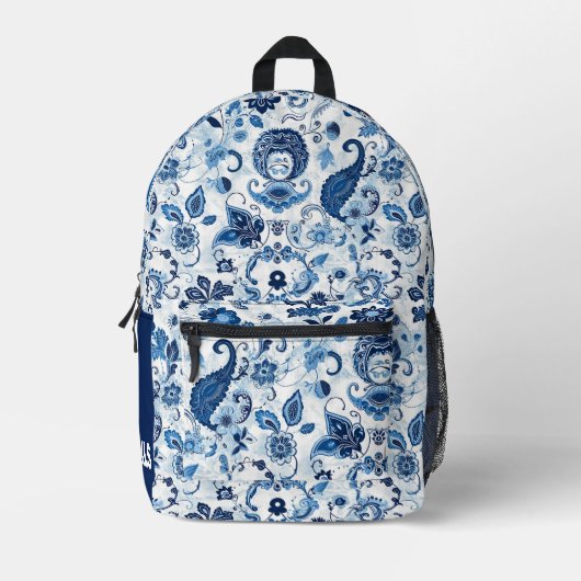 Monogram Initial Blue und White Paisley Bedruckter Rucksack (Vorderseite)
