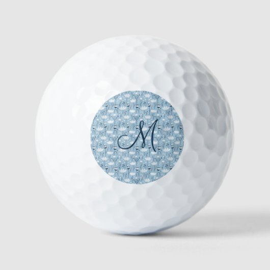 Monogram Initial Boho Blue White Florals Trendy Golfball (Vorderseite)