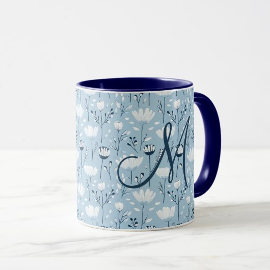 Monogram Initial Boho Blue White Florals Trendy Tasse (VorderseiteRechts)
