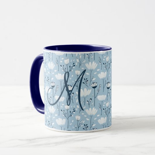 Monogram Initial Boho Blue White Florals Trendy Tasse (Vorderseite Links)