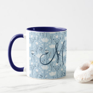 Monogram Initial Boho Blue White Florals Trendy Tasse