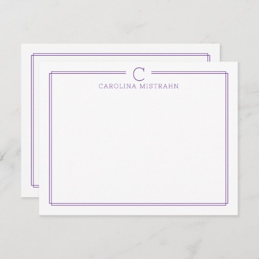 Monogram Initial Casual Purple Border Stationery Mitteilungskarte (Vorne/Hinten)