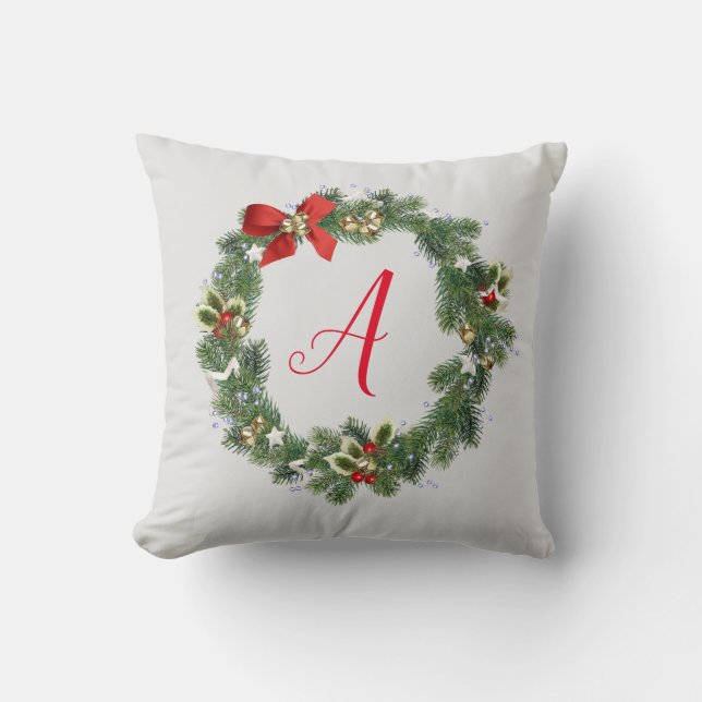 Monogram, Initial Christmas Wreath Throw Kissen (Vorderseite)