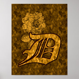 Monogram Initial D Gold Peony Floral Poster