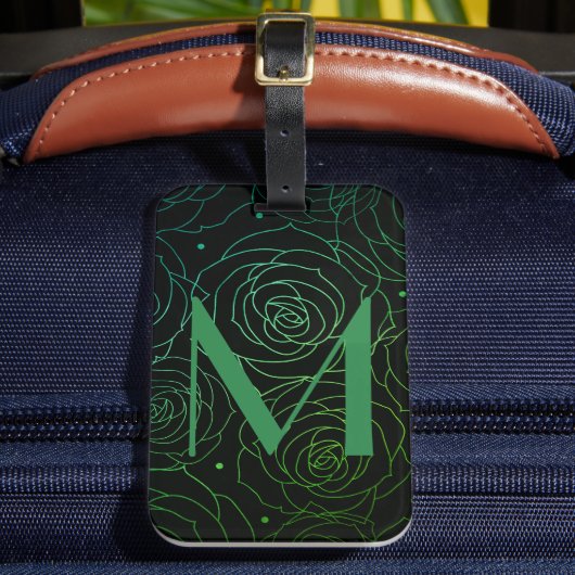 Monogram Initial Dunkle Florale Rose Grün Blau Gepäckanhänger (Vorderseite Insitu 2)