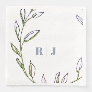 Monogram Initial Dusty Blue Green Leaf Art Wedding Serviette