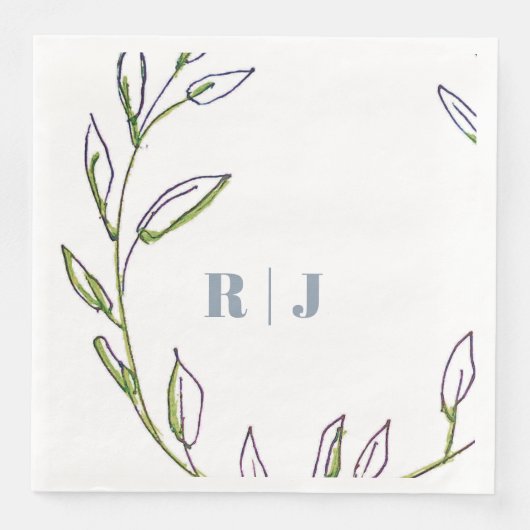 Monogram Initial Dusty Blue Green Leaf Art Wedding Serviette (Vorderseite)