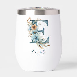Monogram Initial E Blue Floral Watercolor Gift Ihr