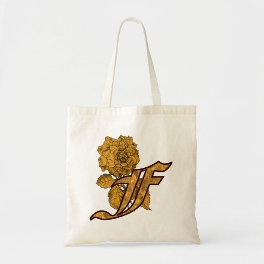 Monogram Initial F Gold Peony Tote Bag Tragetasche (Vorne)
