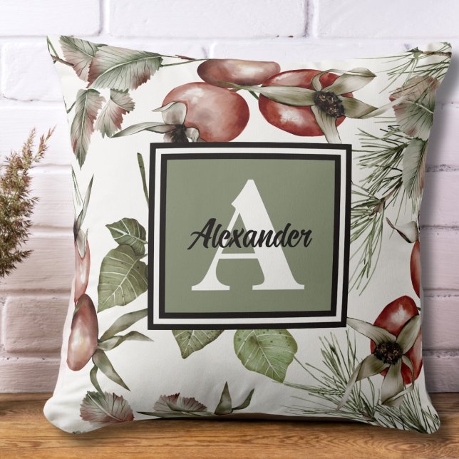 Monogram Initial & Family Name Elegant Botanisch Kissen (Monogram Name and Initial Autumn Watercolor Fall Decor Throw Pillow)