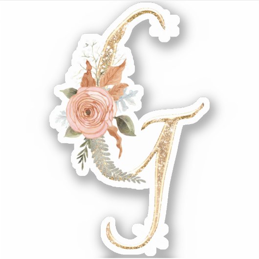 Monogram Initial G Gold Glitzer Peony Rose Floral Aufkleber (Vorderseite)