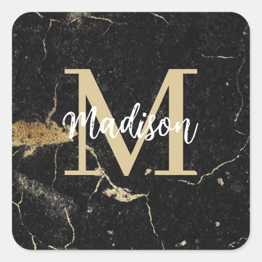 Monogram-Initial-Gold-Black-Marmor Quadratischer Aufkleber (Vorderseite)