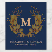Monogram Initial Gold Floral Pattern Navy Blue Weinetikett (Einzelnes Label)