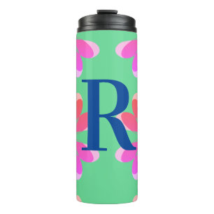 Monogram, initial Hot Pink Lime Green Retro Floral Thermosbecher