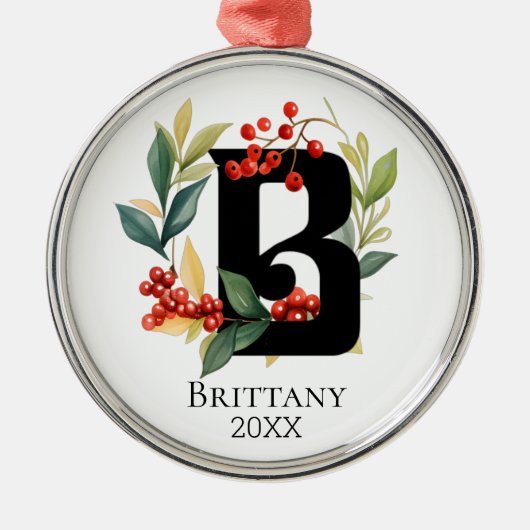 Monogram Initial Letter B Berry Wreath Christmas Ornament Aus Metall (Vorne)
