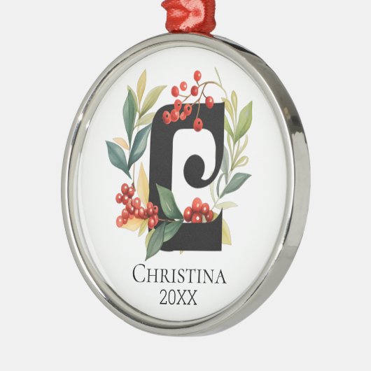Monogram Initial Letter C Berry Wreath Christmas Ornament Aus Metall (Links)