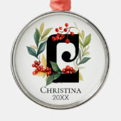 Monogram Initial Letter C Berry Wreath Christmas Ornament Aus Metall (Vorne)