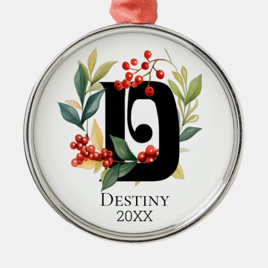 Monogram Initial Letter D Berry Wreath Christmas Ornament Aus Metall (Vorne)