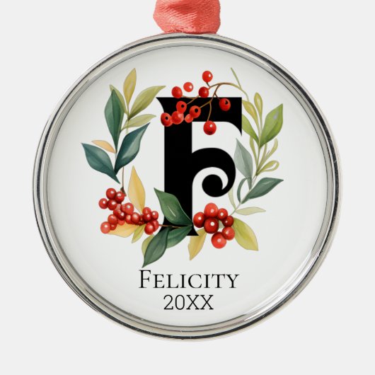 Monogram Initial Letter F Berry Wreath Christmas Ornament Aus Metall (Vorne)