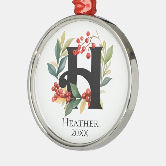 Monogram Initial Letter H Berry Wreath Christmas Ornament Aus Metall (Links)