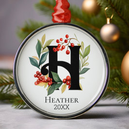 Monogram Initial Letter H Berry Wreath Christmas Ornament Aus Metall