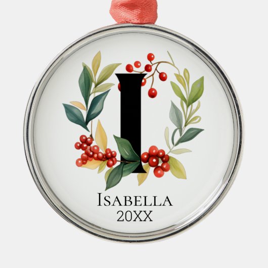 Monogram Initial Letter I Berry Wreath Christmas Ornament Aus Metall (Vorne)