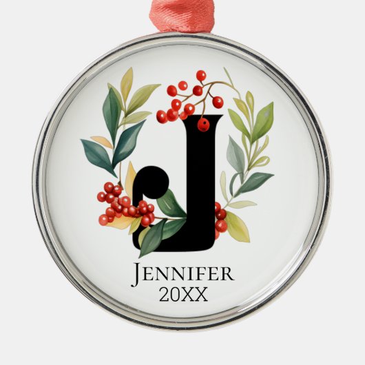 Monogram Initial Letter J Berry Wreath Christmas Ornament Aus Metall (Vorne)