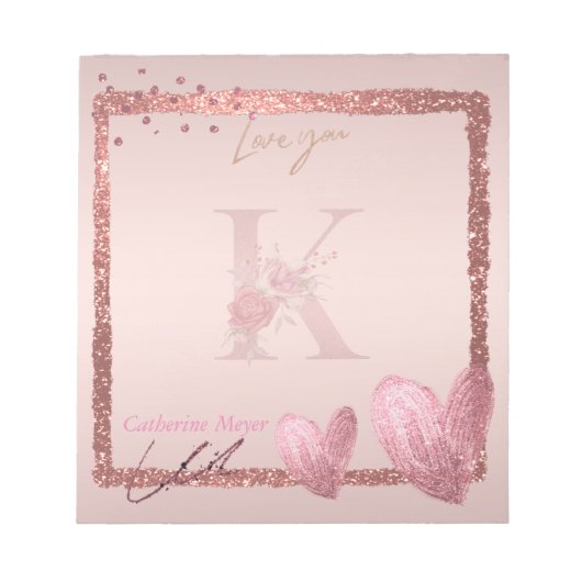 Monogram Initial Letter K Hübsche Rose Gold Notepa Notizblock (Vorderseite)