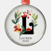 Monogram Initial Letter L Berry Wreath Christmas Ornament Aus Metall (Vorne)