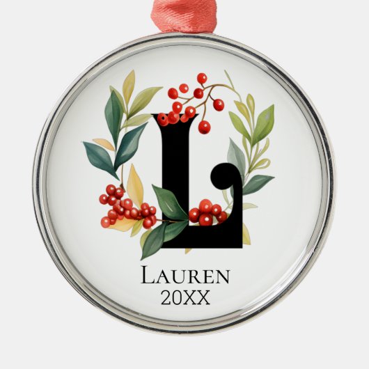 Monogram Initial Letter L Berry Wreath Christmas Ornament Aus Metall (Vorne)