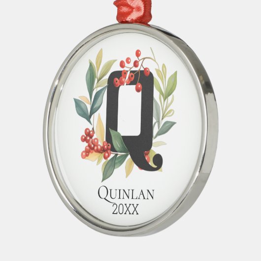 Monogram Initial Letter Q Berry Wreath Christmas Ornament Aus Metall (Links)