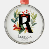 Monogram Initial Letter R Berry Wreath Christmas Ornament Aus Metall (Vorne)