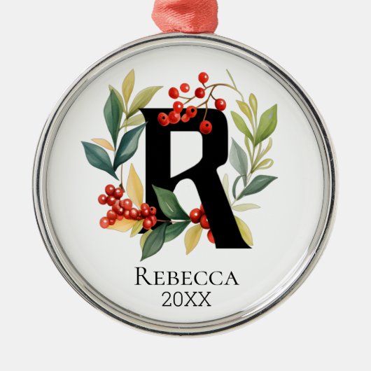 Monogram Initial Letter R Berry Wreath Christmas Ornament Aus Metall (Vorne)
