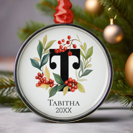 Monogram Initial Letter T Berry Wreath Christmas Ornament Aus Metall