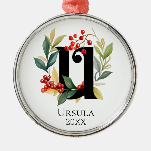 Monogram Initial Letter U Berry Wreath Christmas Ornament Aus Metall (Vorne)