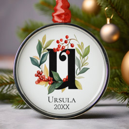 Monogram Initial Letter U Berry Wreath Christmas Ornament Aus Metall