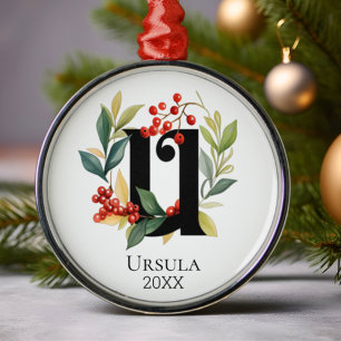 Monogram Initial Letter U Berry Wreath Christmas Ornament Aus Metall