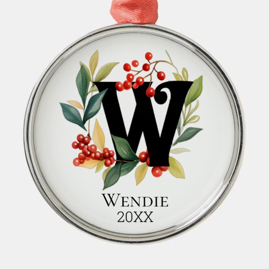 Monogram Initial Letter W Berry Wreath Christmas Ornament Aus Metall (Vorne)
