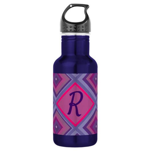 Monogram, Initial Lila Pink Diamond Muster Trend Edelstahlflasche (Vorderseite)