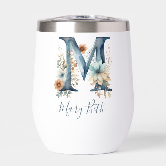 Monogram Initial M Blue Floral Watercolor Gift Ihr (Vorderseite)